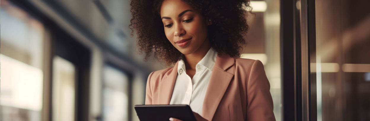 Businesswoman using a tablet device in a modern interior office