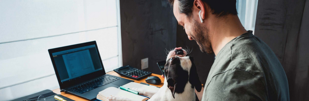 man on laptop with dog on lap