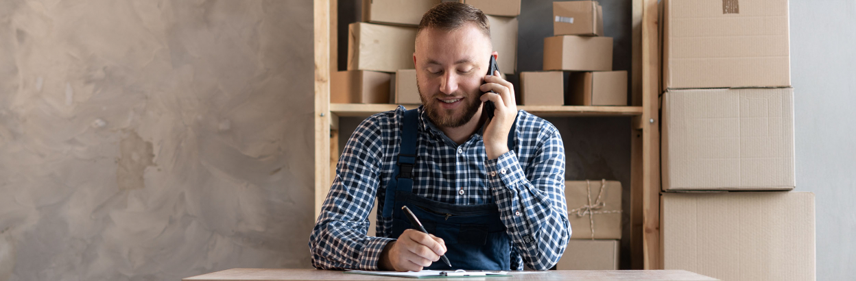 Male business owner talking on phone and doing paperwork at desk with packages behind him